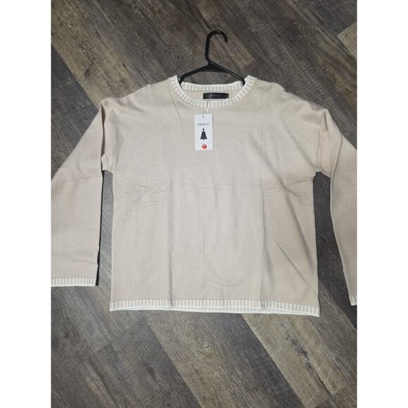 Zessica Sweaters - ZESICA Women's Knit Sweater Large Sand Crewneck Long Sleeve Striped Trim NWT